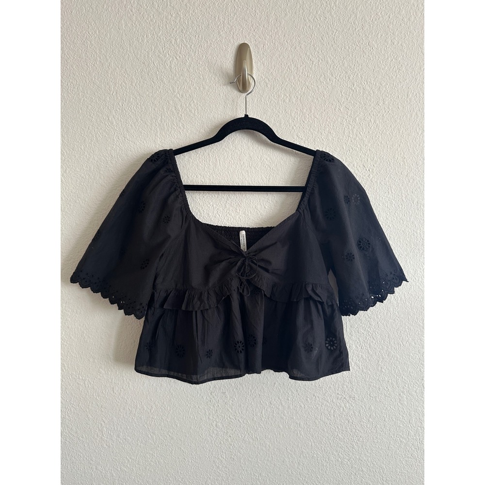 American Eagle Black Ruffle Smocked Tie Front Eyelet Crop Top Boho Coastal S
